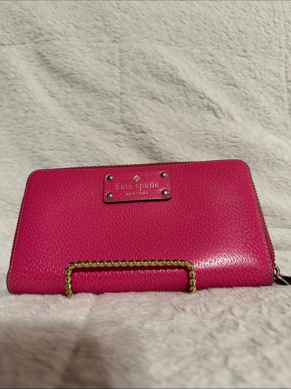 kate spade Hot Pink Zip-Around Pebbled Leather Wallet with Gold Plate